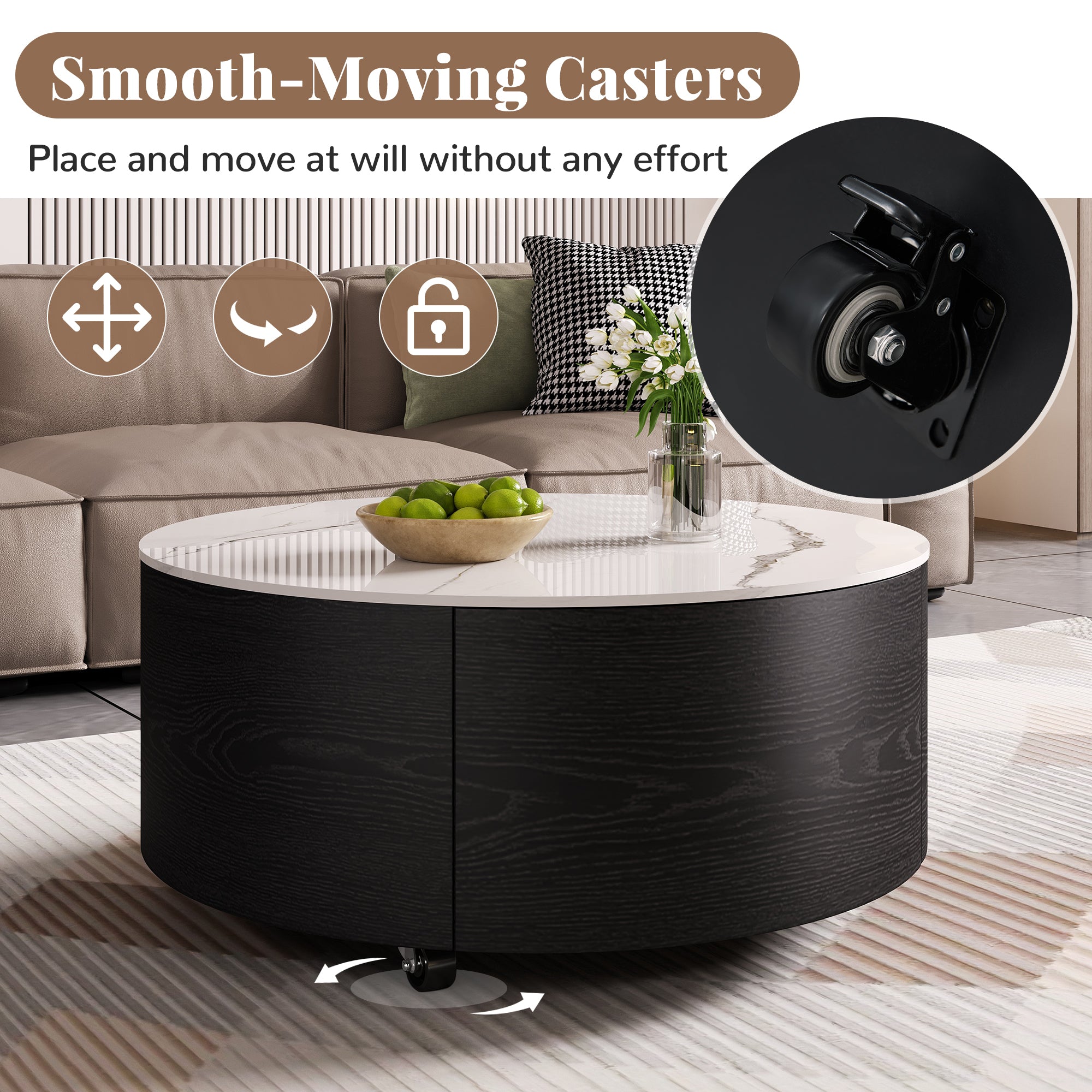 Modern Round Movable Coffee Table with Casters, 2 Drawers, Marble Pattern Sintered Stone Top, Black, 29.5' Coffee Table