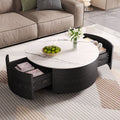 Modern Round Movable Coffee Table with Casters, 2 Drawers, Marble Pattern Sintered Stone Top, Black, 29.5' Coffee Table