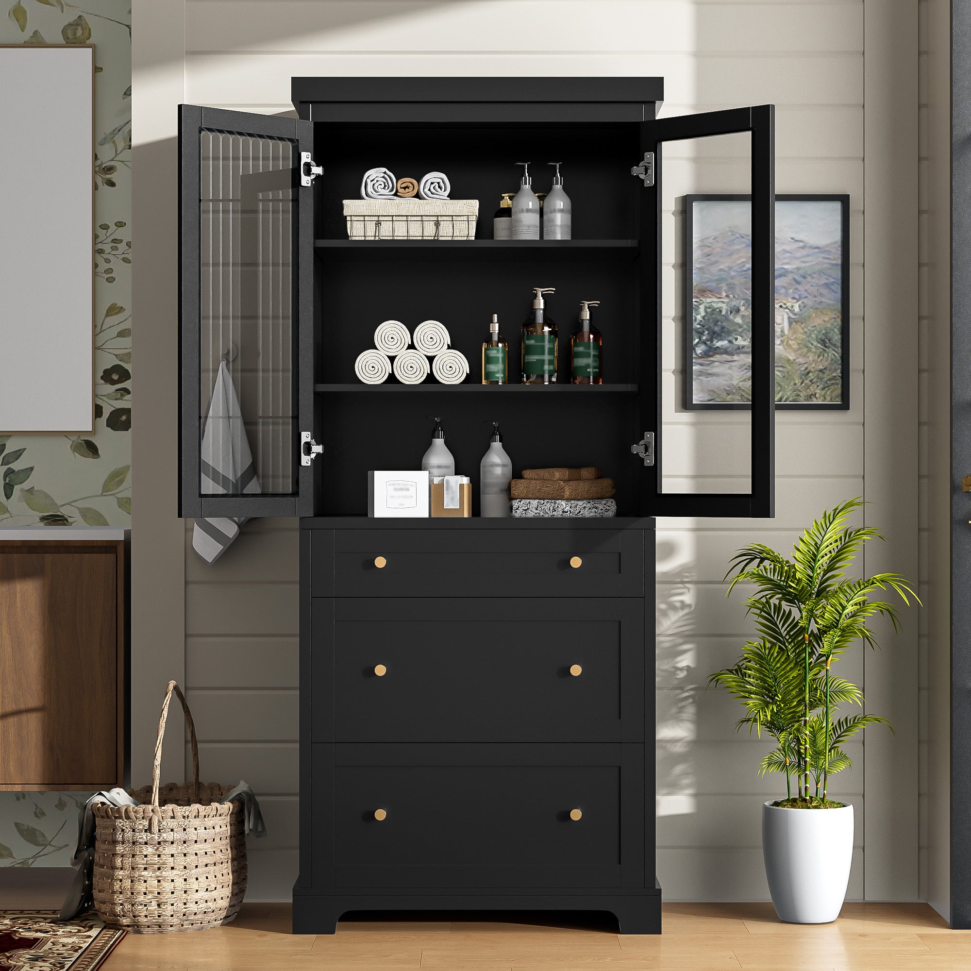 70.1' Modern High Freestanding Tall Bathroom Cabinet with 2 Adjustable Shelves, 3 Drawers, Soft Close Glass Doors – Ideal for Bathroom, Living Room, Kitchen Storage