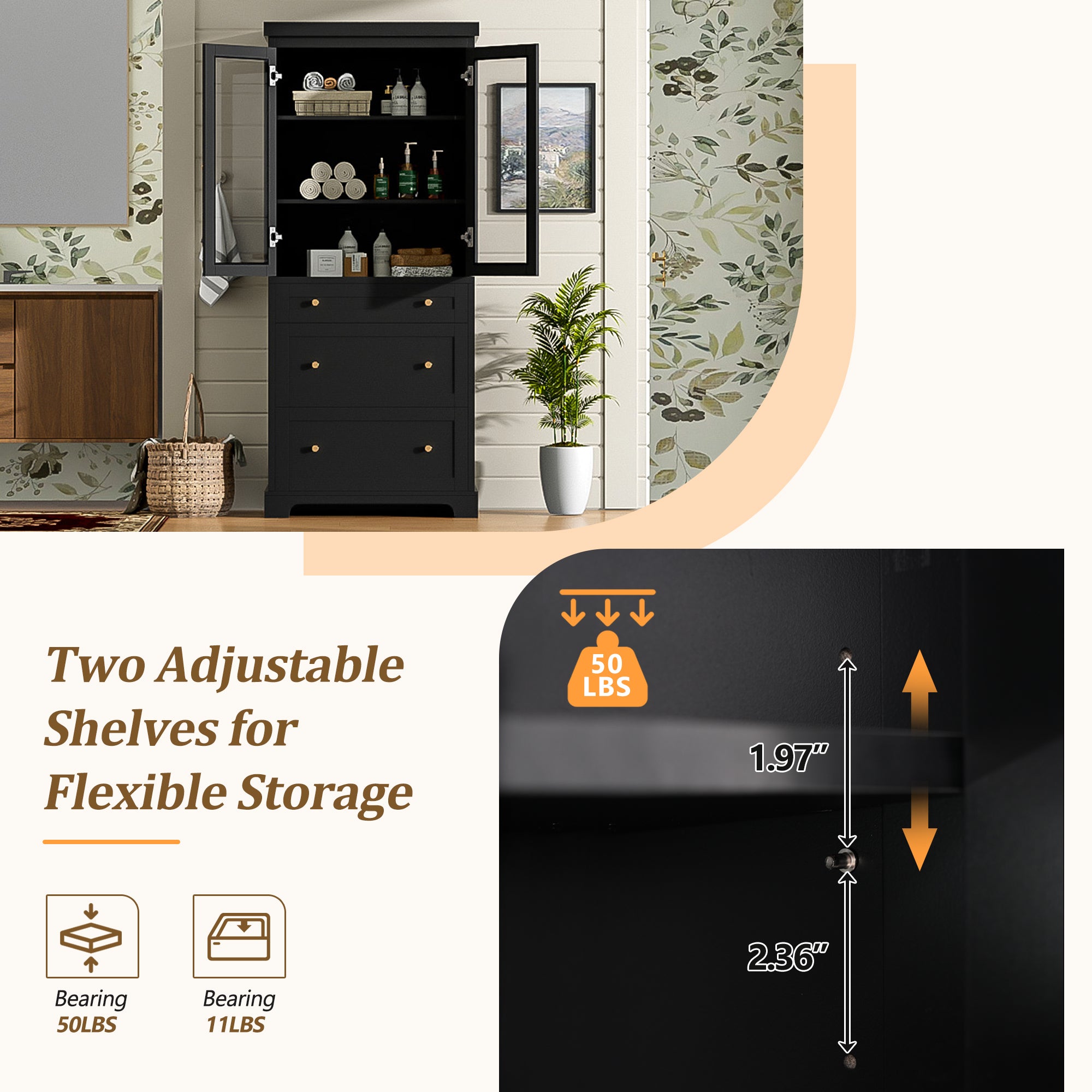 70.1' Modern High Freestanding Tall Bathroom Cabinet with 2 Adjustable Shelves, 3 Drawers, Soft Close Glass Doors – Ideal for Bathroom, Living Room, Kitchen Storage