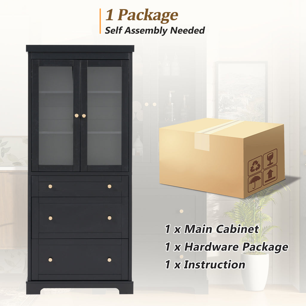 70.1' Modern High Freestanding Tall Bathroom Cabinet with 2 Adjustable Shelves, 3 Drawers, Soft Close Glass Doors – Ideal for Bathroom, Living Room, Kitchen Storage