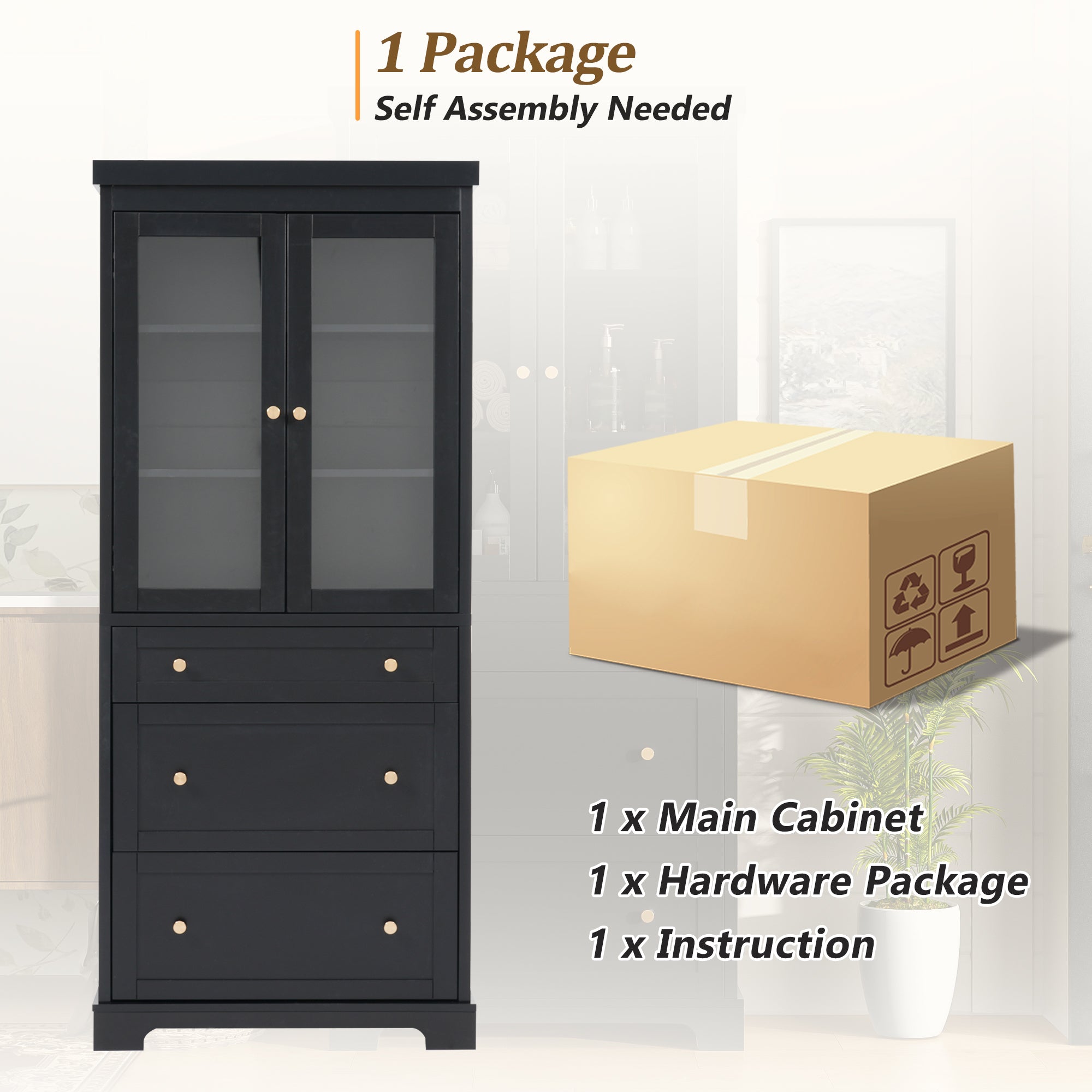 70.1' Modern High Freestanding Tall Bathroom Cabinet with 2 Adjustable Shelves, 3 Drawers, Soft Close Glass Doors – Ideal for Bathroom, Living Room, Kitchen Storage