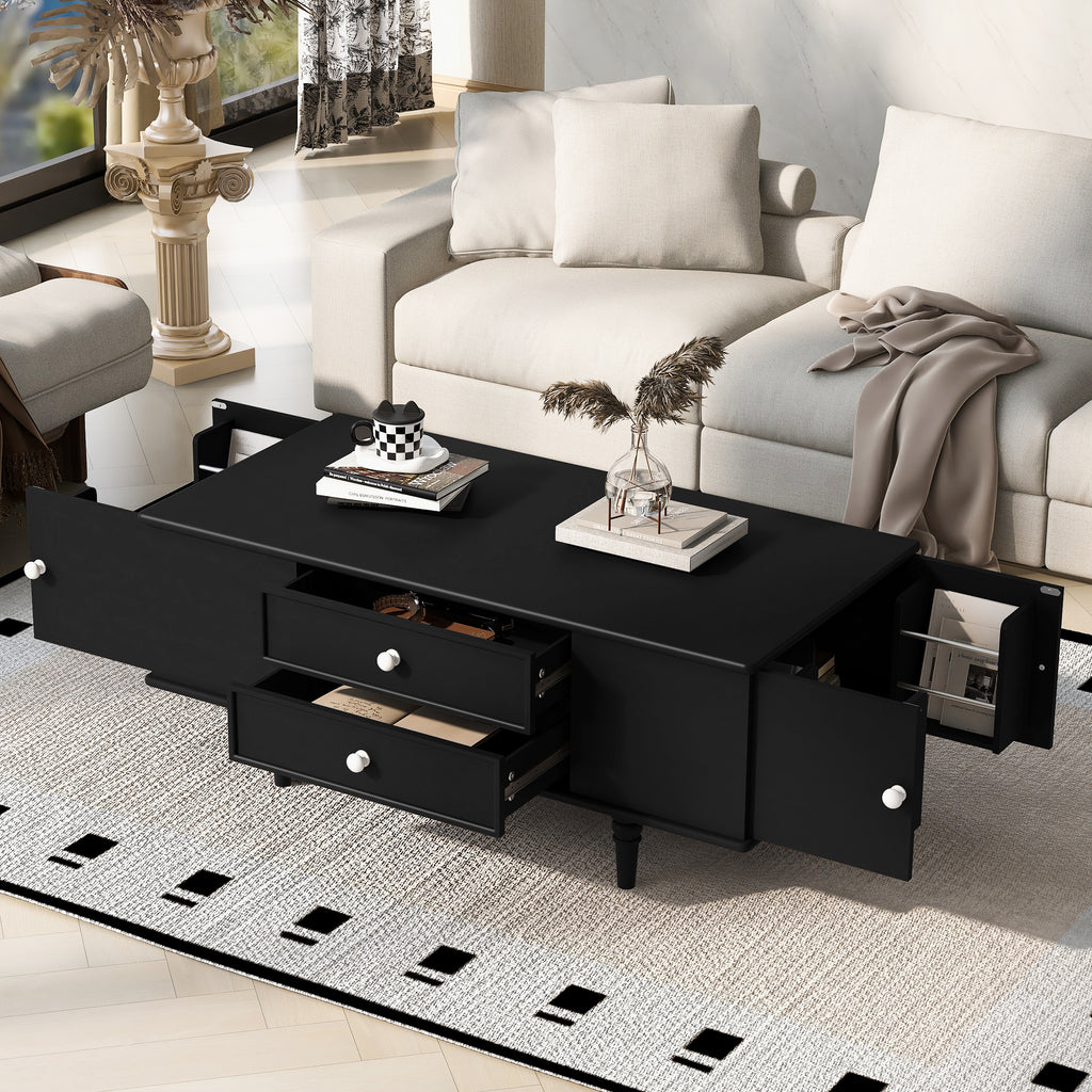 U-Can Modern Rectangle Coffee Table with Four Drawers, Two Side Hidden Storage Compartments, 47.2' Wood Coffee Table with Metal Handles and Four Solid Wood Legs for Living Room