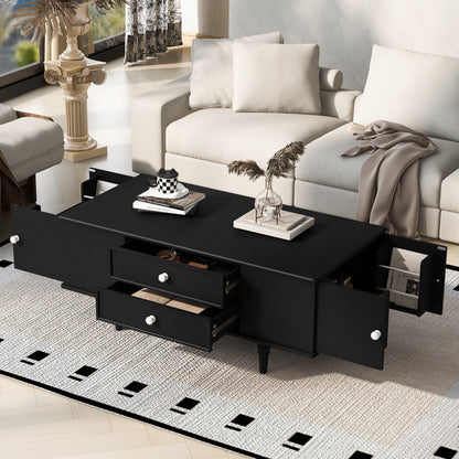 U-Can Modern Rectangle Coffee Table with Four Drawers, Two Side Hidden Storage Compartments, 47.2' Wood Coffee Table with Metal Handles and Four Solid Wood Legs for Living Room
