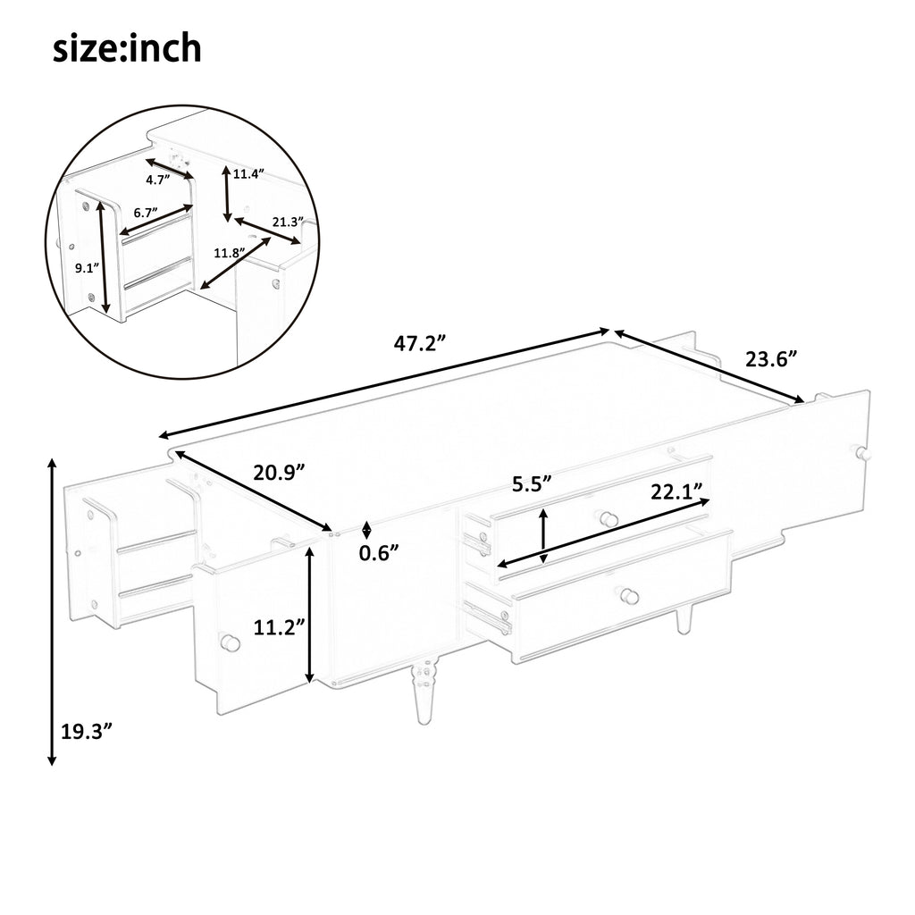 U-Can Modern Rectangle Coffee Table with Four Drawers, Two Side Hidden Storage Compartments, 47.2' Wood Coffee Table with Metal Handles and Four Solid Wood Legs for Living Room