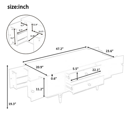 U-Can Modern Rectangle Coffee Table with Four Drawers, Two Side Hidden Storage Compartments, 47.2' Wood Coffee Table with Metal Handles and Four Solid Wood Legs for Living Room