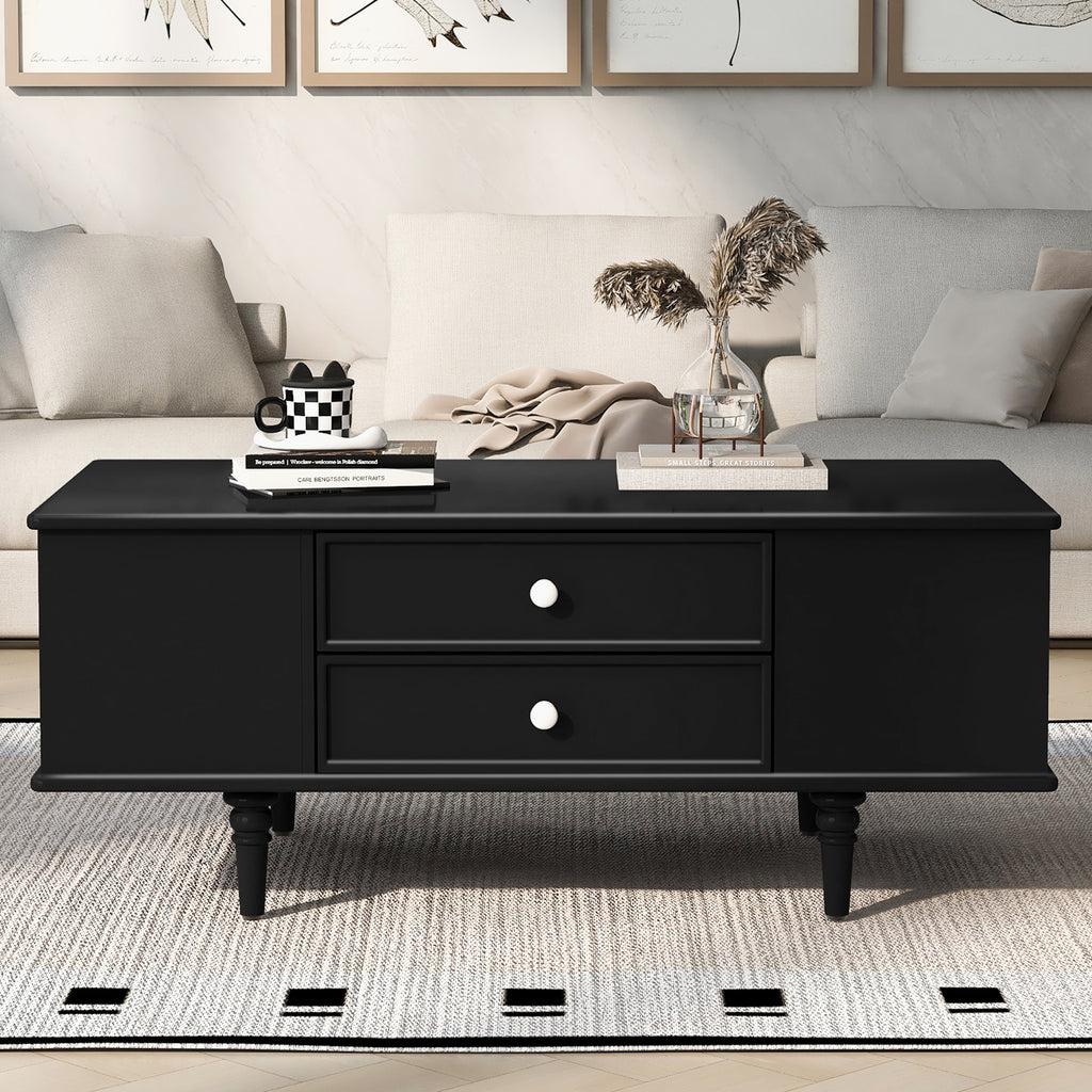 U-Can Modern Rectangle Coffee Table with Four Drawers, Two Side Hidden Storage Compartments, 47.2' Wood Coffee Table with Metal Handles and Four Solid Wood Legs for Living Room