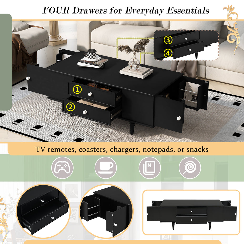 U-Can Modern Rectangle Coffee Table with Four Drawers, Two Side Hidden Storage Compartments, 47.2' Wood Coffee Table with Metal Handles and Four Solid Wood Legs for Living Room