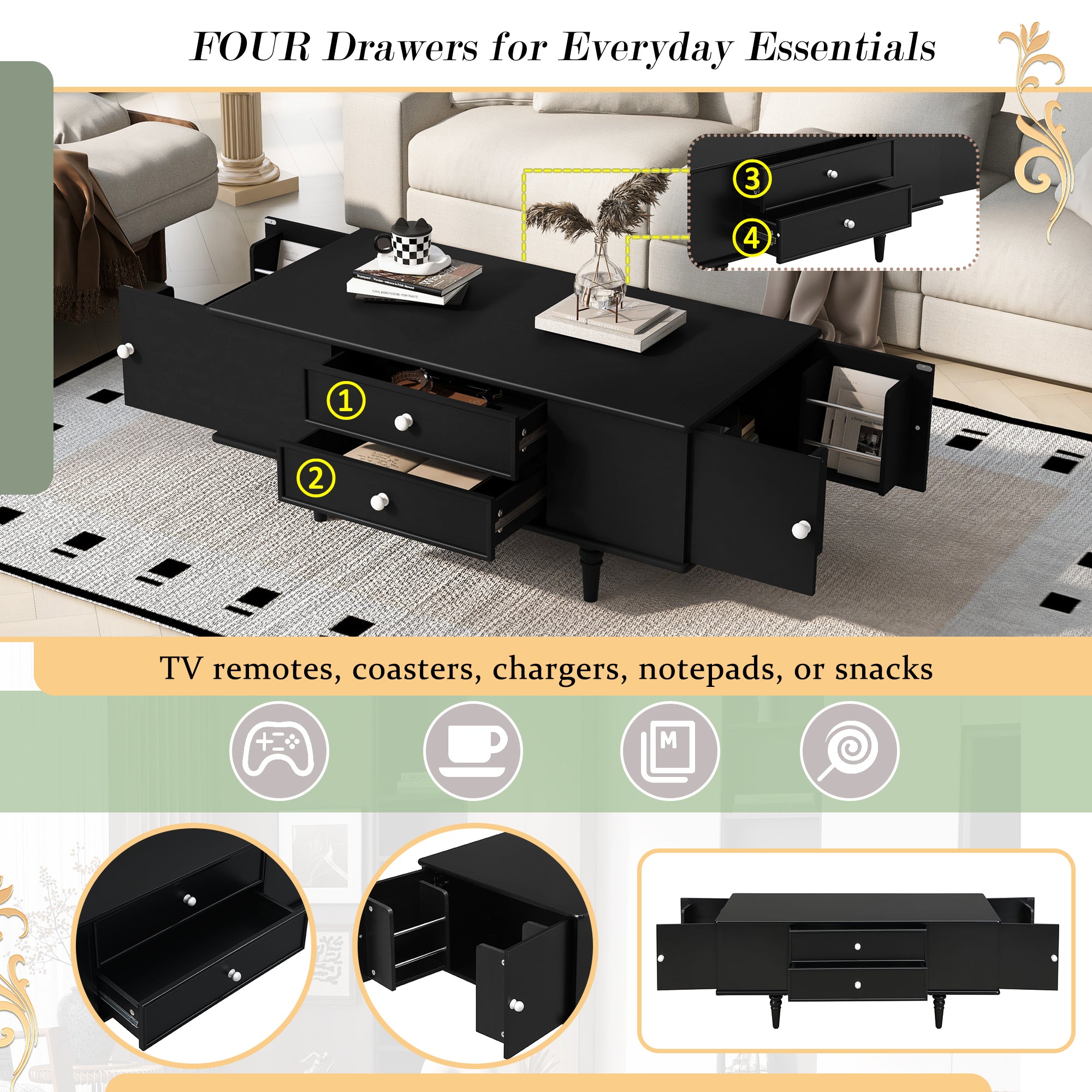 U-Can Modern Rectangle Coffee Table with Four Drawers, Two Side Hidden Storage Compartments, 47.2' Wood Coffee Table with Metal Handles and Four Solid Wood Legs for Living Room