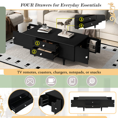 U-Can Modern Rectangle Coffee Table with Four Drawers, Two Side Hidden Storage Compartments, 47.2' Wood Coffee Table with Metal Handles and Four Solid Wood Legs for Living Room