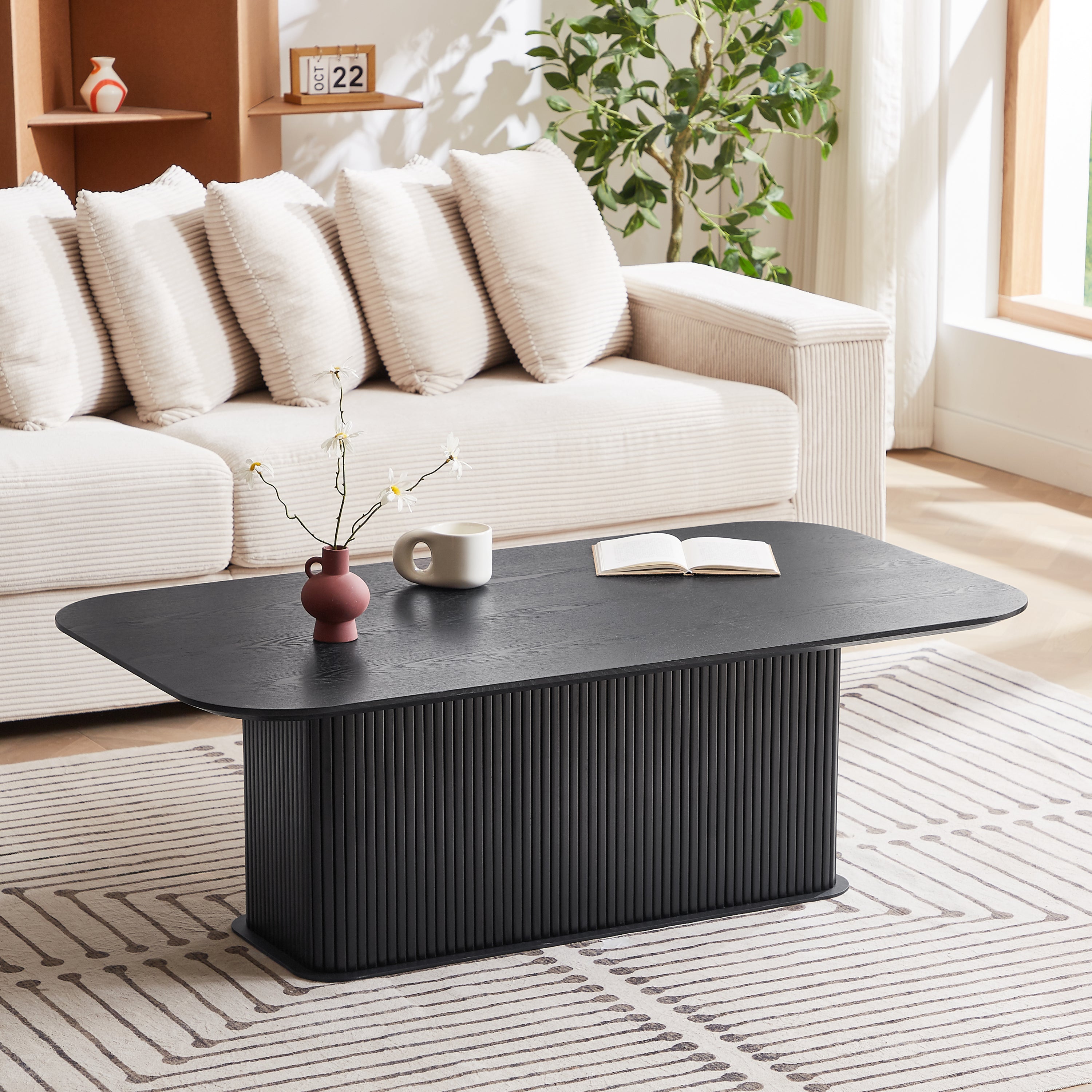 Coffee Table Black Oak Wood Surface and Black Metel Feet