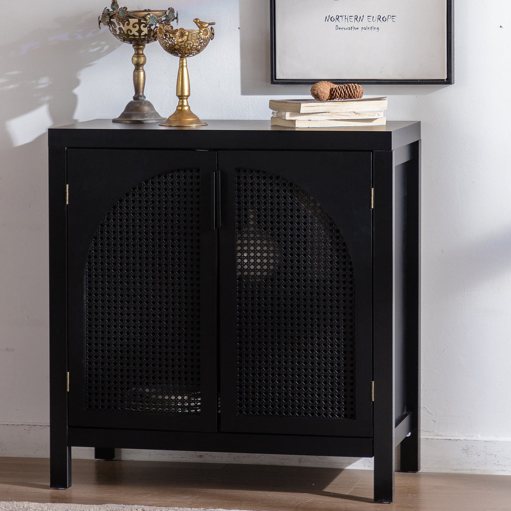 Black Accent Cabinet with Doors, Rattan Sideboard Buffet Cabinets with Storage, Adjustable Shelf, 29 Inch Narrow Credenzas Storage Cabinet for Living Room, Entryway and Kitchen