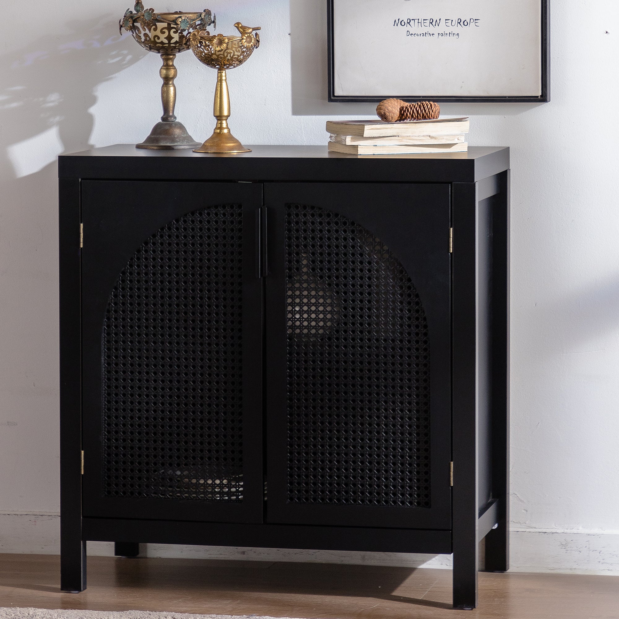Black Accent Cabinet with Doors, Rattan Sideboard Buffet Cabinets with Storage, Adjustable Shelf, 29 Inch Narrow Credenzas Storage Cabinet for Living Room, Entryway and Kitchen