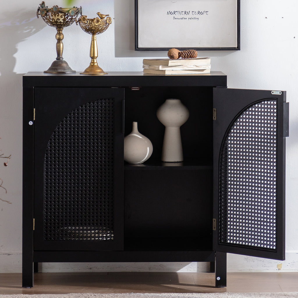 Black Accent Cabinet with Doors, Rattan Sideboard Buffet Cabinets with Storage, Adjustable Shelf, 29 Inch Narrow Credenzas Storage Cabinet for Living Room, Entryway and Kitchen