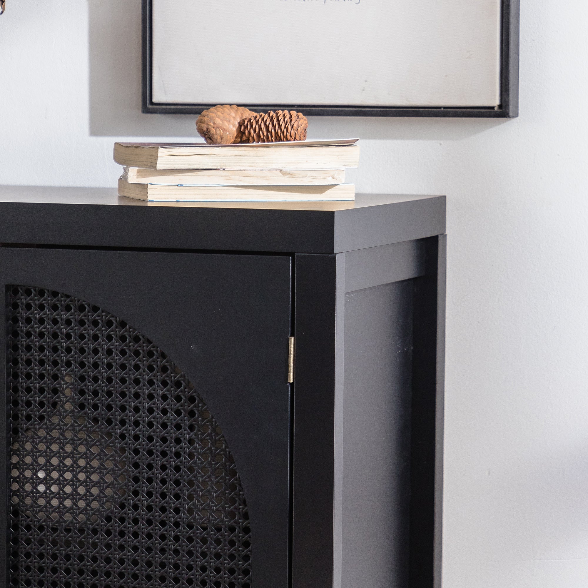 Black Accent Cabinet with Doors, Rattan Sideboard Buffet Cabinets with Storage, Adjustable Shelf, 29 Inch Narrow Credenzas Storage Cabinet for Living Room, Entryway and Kitchen