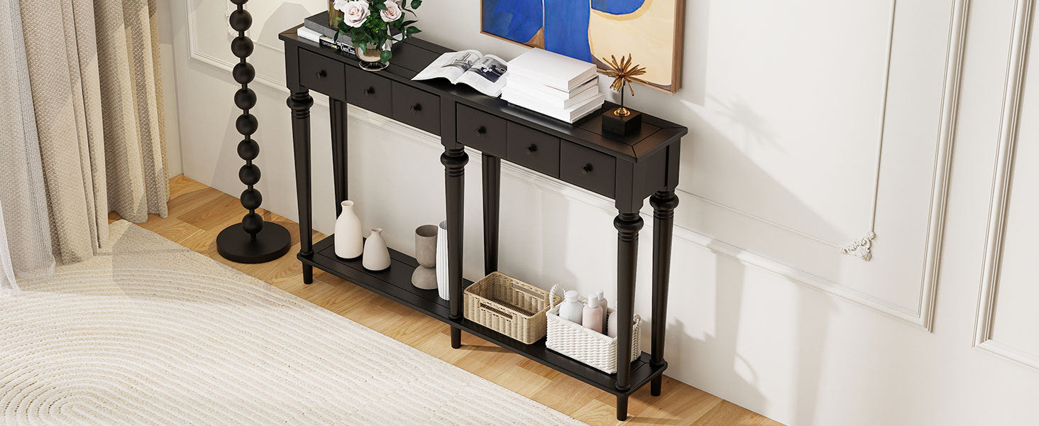 TREXM Entryway Table with 4 Drawers, Retro Console Table with Open Shelf for Entryways, Living Rooms, and Hallways (Black)