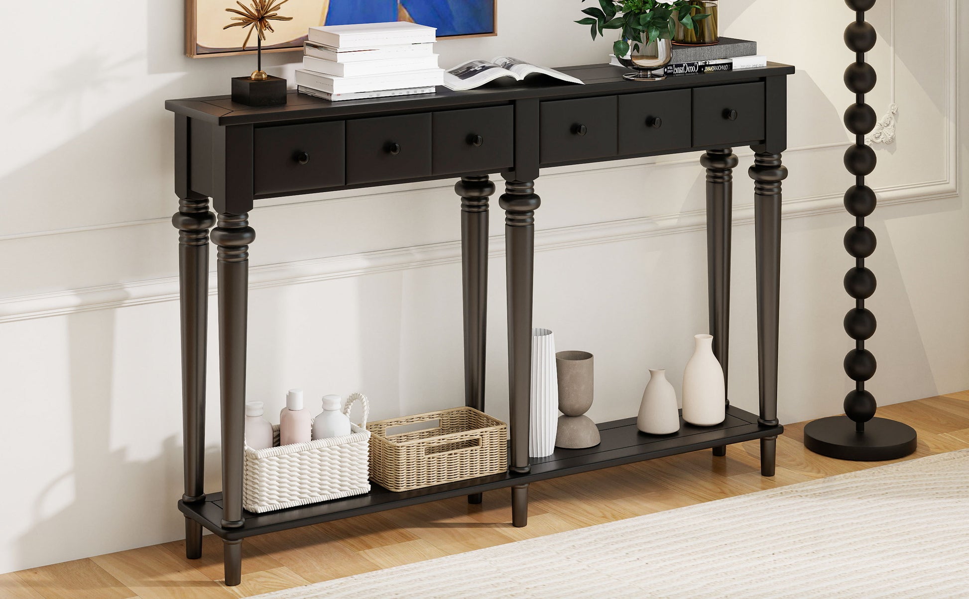 TREXM Entryway Table with 4 Drawers, Retro Console Table with Open Shelf for Entryways, Living Rooms, and Hallways (Black)