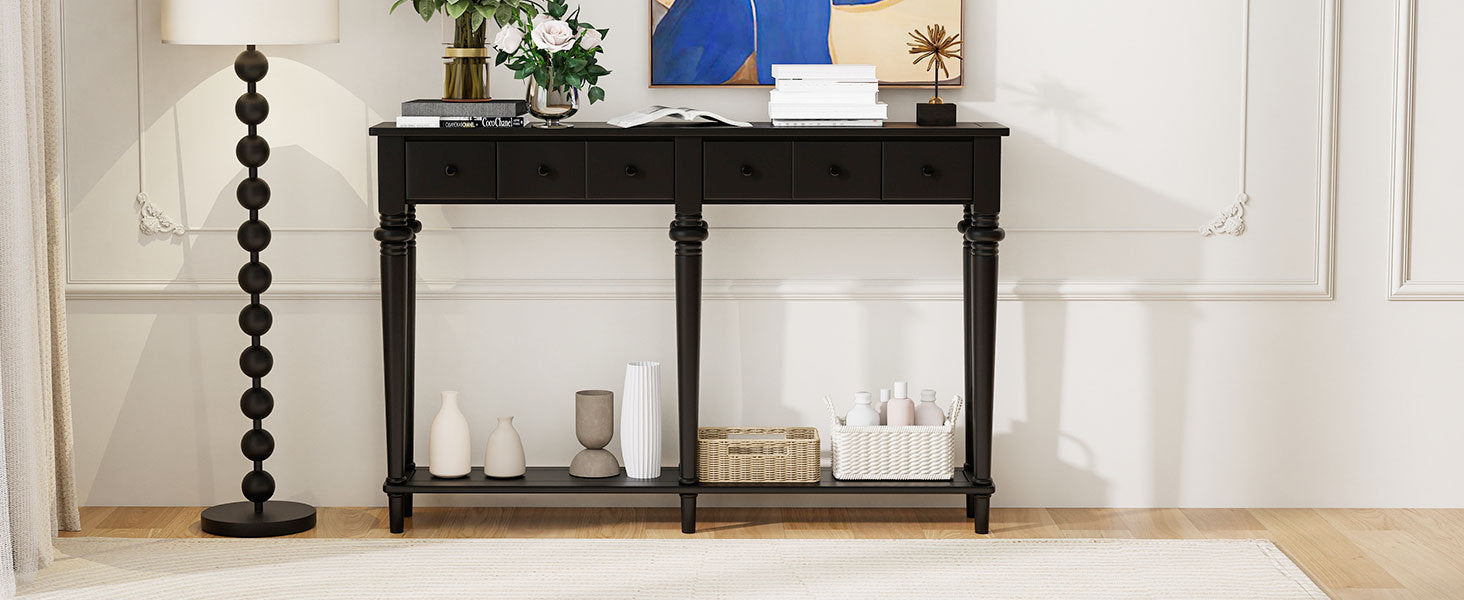 TREXM Entryway Table with 4 Drawers, Retro Console Table with Open Shelf for Entryways, Living Rooms, and Hallways (Black)