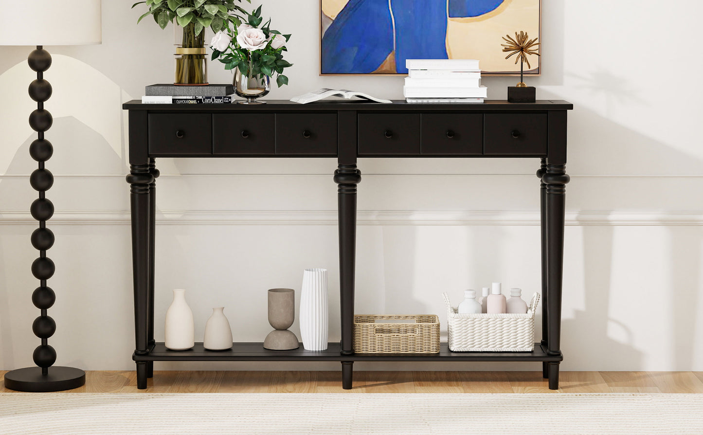 TREXM Entryway Table with 4 Drawers, Retro Console Table with Open Shelf for Entryways, Living Rooms, and Hallways (Black)