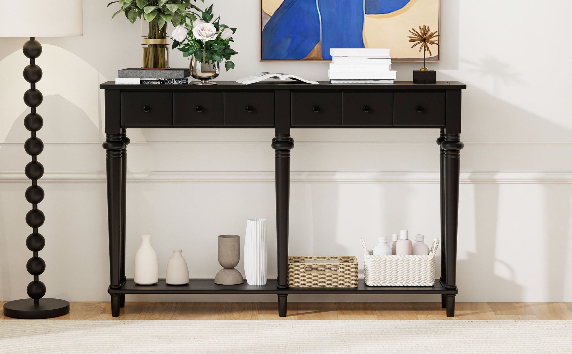 TREXM Entryway Table with 4 Drawers, Retro Console Table with Open Shelf for Entryways, Living Rooms, and Hallways (Black)