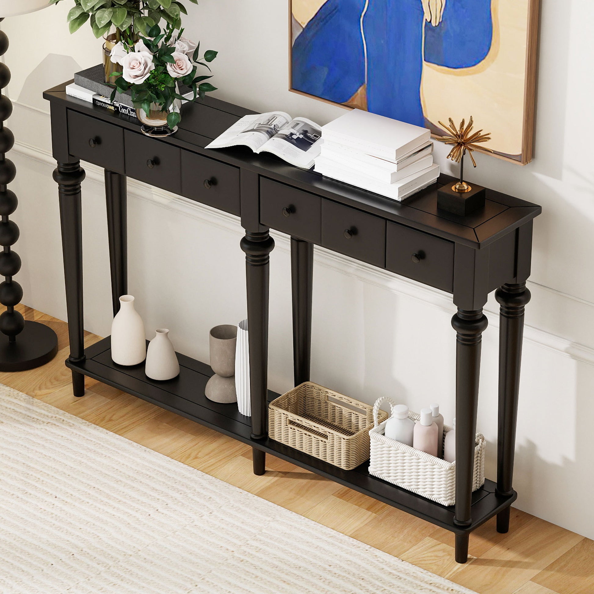 TREXM Entryway Table with 4 Drawers, Retro Console Table with Open Shelf for Entryways, Living Rooms, and Hallways (Black)