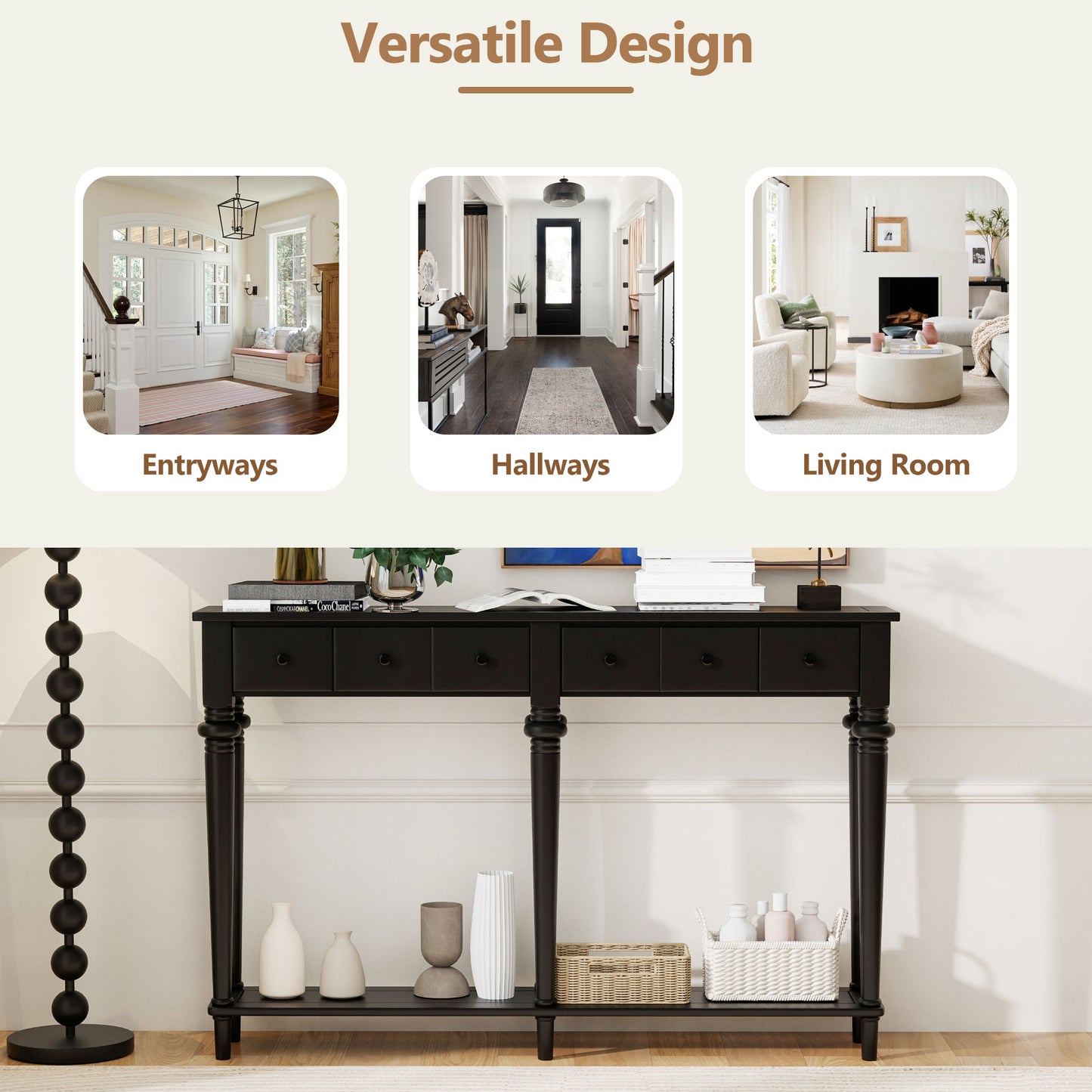 TREXM Entryway Table with 4 Drawers, Retro Console Table with Open Shelf for Entryways, Living Rooms, and Hallways (Black)