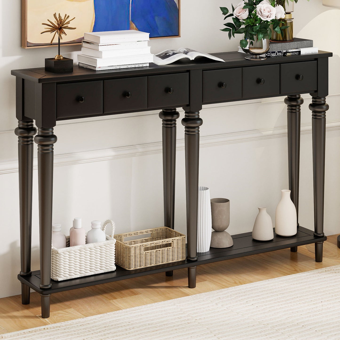 TREXM Entryway Table with 4 Drawers, Retro Console Table with Open Shelf for Entryways, Living Rooms, and Hallways (Black)