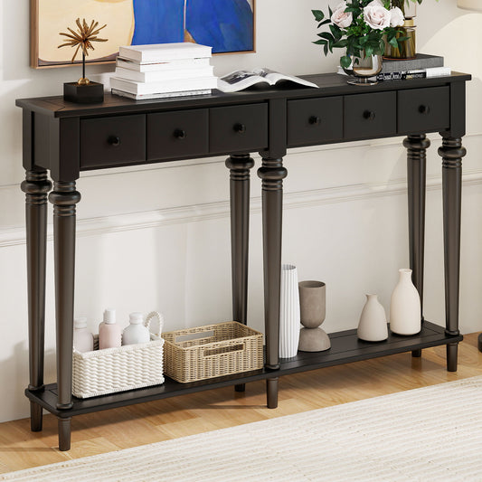 TREXM Entryway Table with 4 Drawers, Retro Console Table with Open Shelf for Entryways, Living Rooms, and Hallways (Black)