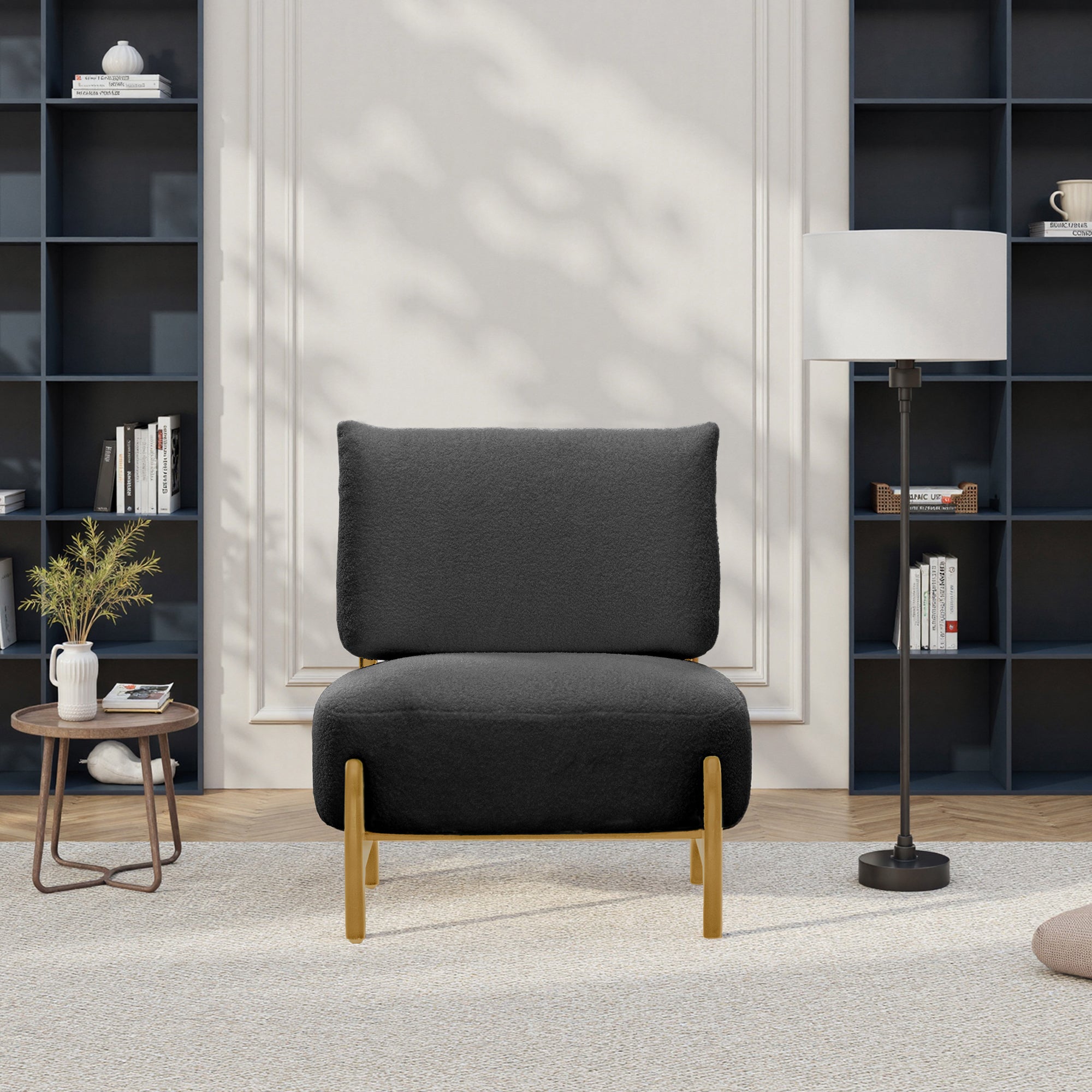 Single sofa chair Living Room Bedroom Lamb fleece Single Chair Retro Solid Wood Lazy Sofa Casual Chair (Black)