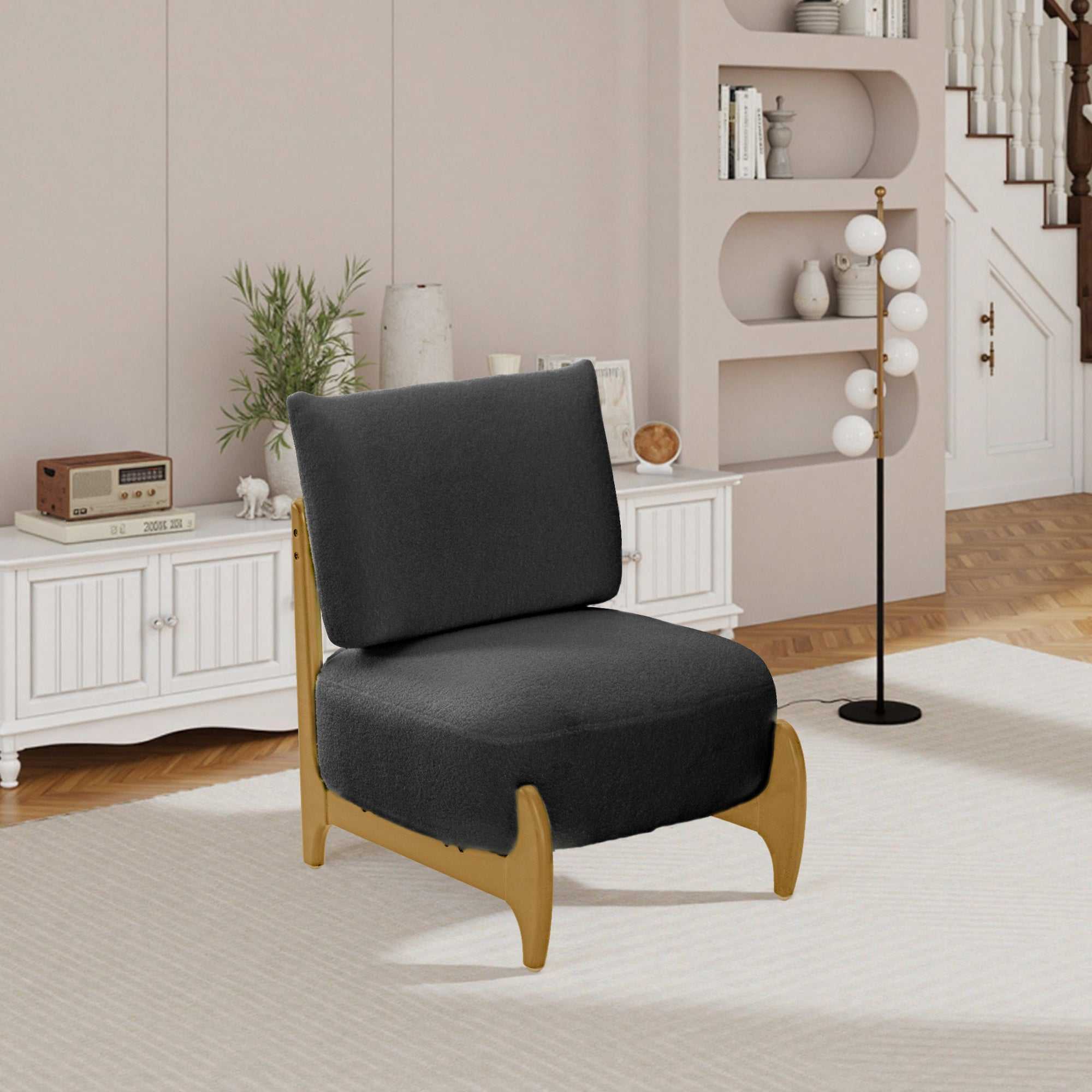 Single sofa chair Living Room Bedroom Lamb fleece Single Chair Retro Solid Wood Lazy Sofa Casual Chair (Black)