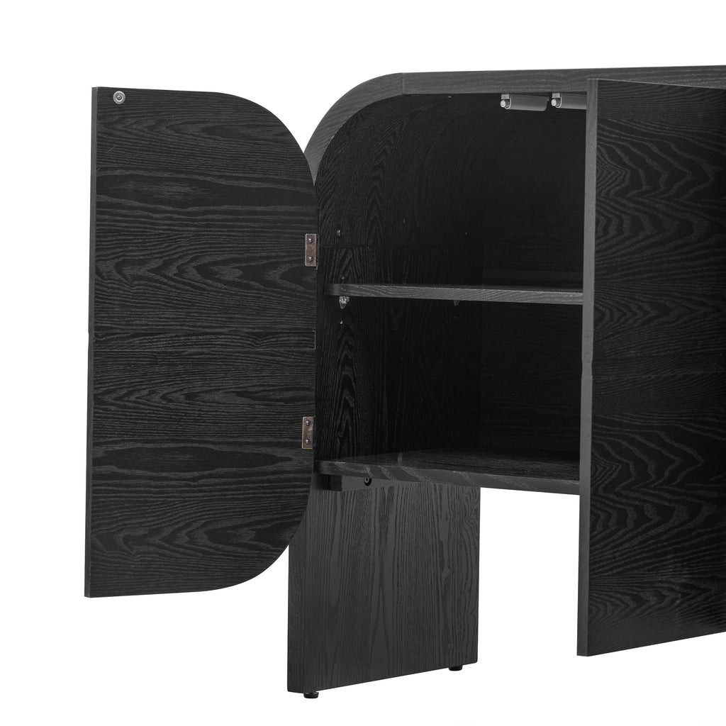 TREXM Buffet Cabinet with Storage, Wood Sideboard Cabinet with Curvy Edge, 4 Doors Retro Credenza Storage Cabinet with Adjustable Shelves for Living Room, Kitchen (Black)