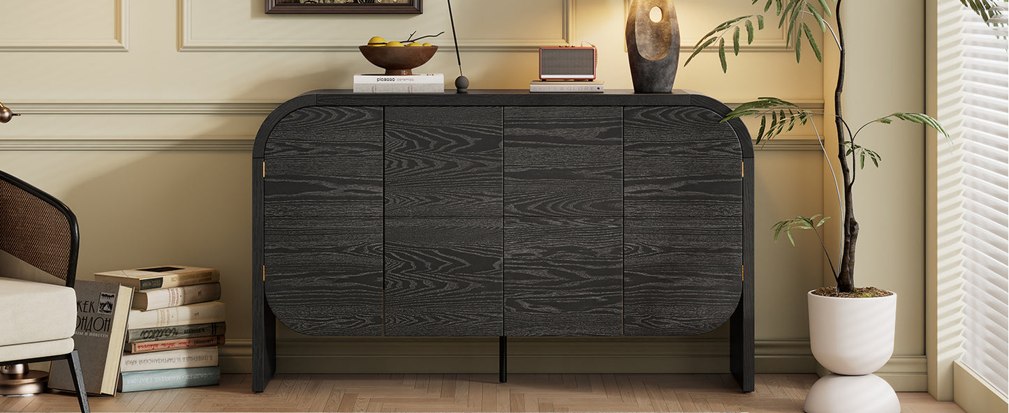 TREXM Buffet Cabinet with Storage, Wood Sideboard Cabinet with Curvy Edge, 4 Doors Retro Credenza Storage Cabinet with Adjustable Shelves for Living Room, Kitchen (Black)