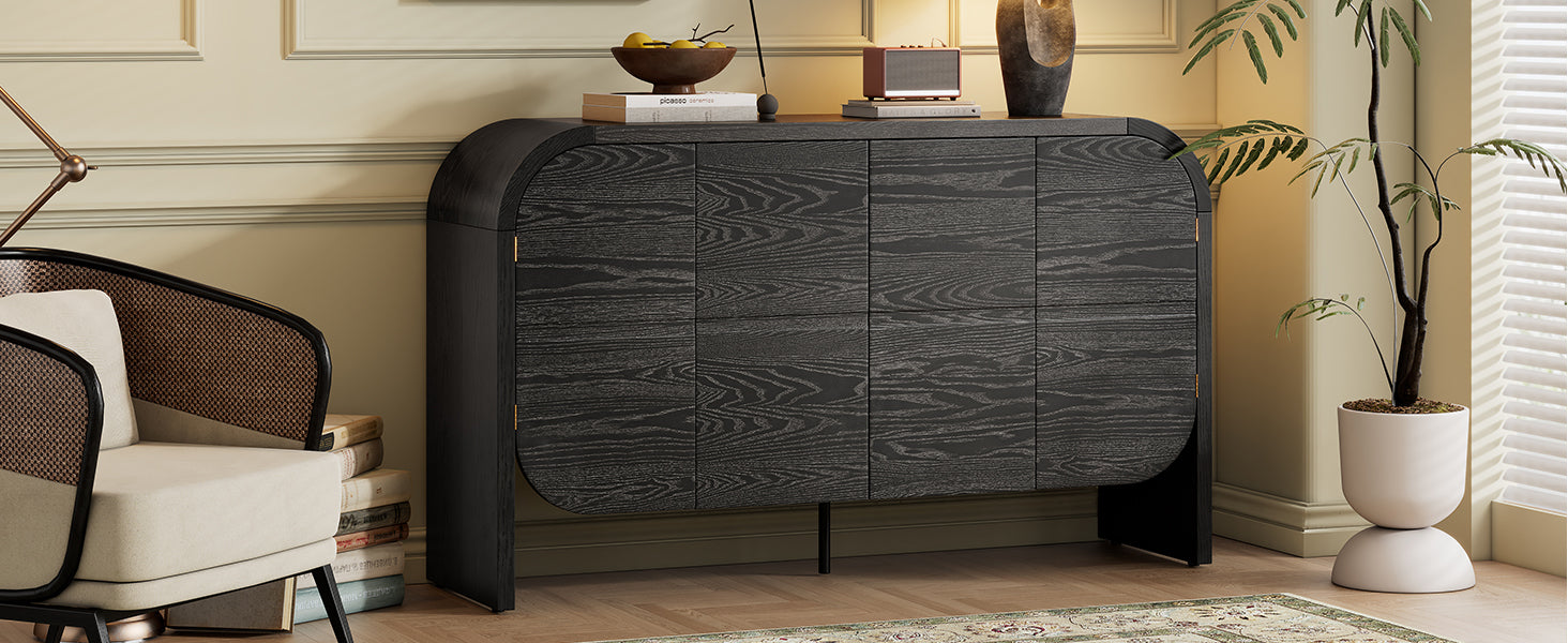 TREXM Buffet Cabinet with Storage, Wood Sideboard Cabinet with Curvy Edge, 4 Doors Retro Credenza Storage Cabinet with Adjustable Shelves for Living Room, Kitchen (Black)