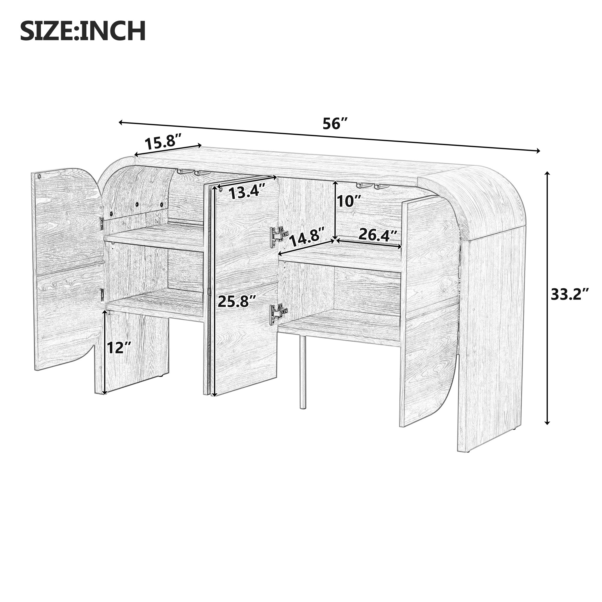 TREXM Buffet Cabinet with Storage, Wood Sideboard Cabinet with Curvy Edge, 4 Doors Retro Credenza Storage Cabinet with Adjustable Shelves for Living Room, Kitchen (Black)