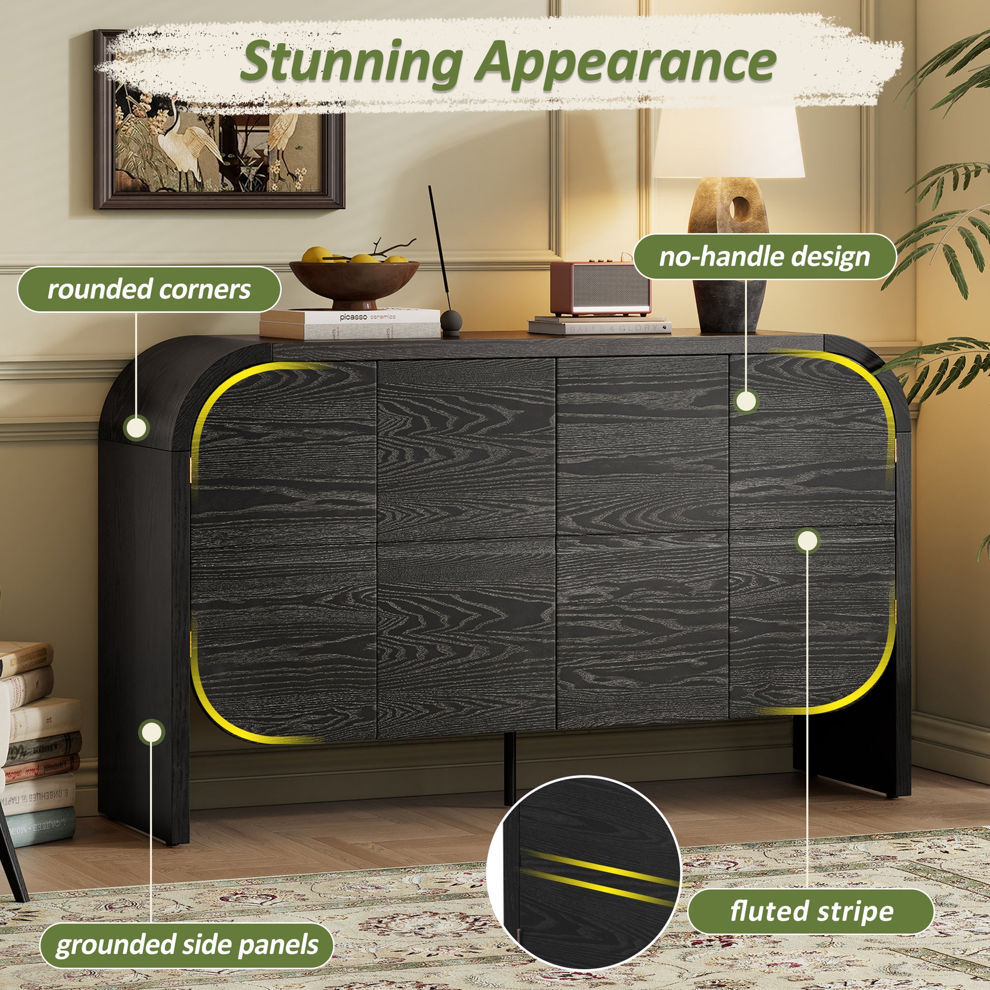 TREXM Buffet Cabinet with Storage, Wood Sideboard Cabinet with Curvy Edge, 4 Doors Retro Credenza Storage Cabinet with Adjustable Shelves for Living Room, Kitchen (Black)