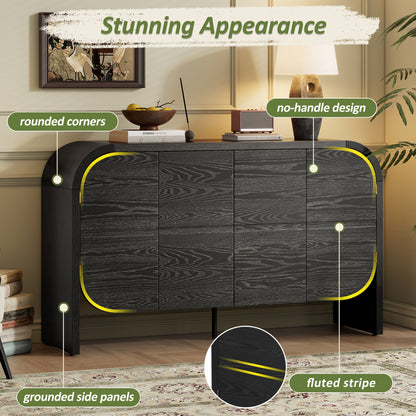 TREXM Buffet Cabinet with Storage, Wood Sideboard Cabinet with Curvy Edge, 4 Doors Retro Credenza Storage Cabinet with Adjustable Shelves for Living Room, Kitchen (Black)
