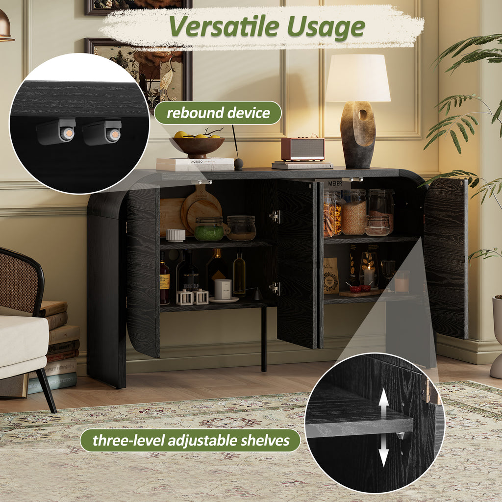 TREXM Buffet Cabinet with Storage, Wood Sideboard Cabinet with Curvy Edge, 4 Doors Retro Credenza Storage Cabinet with Adjustable Shelves for Living Room, Kitchen (Black)