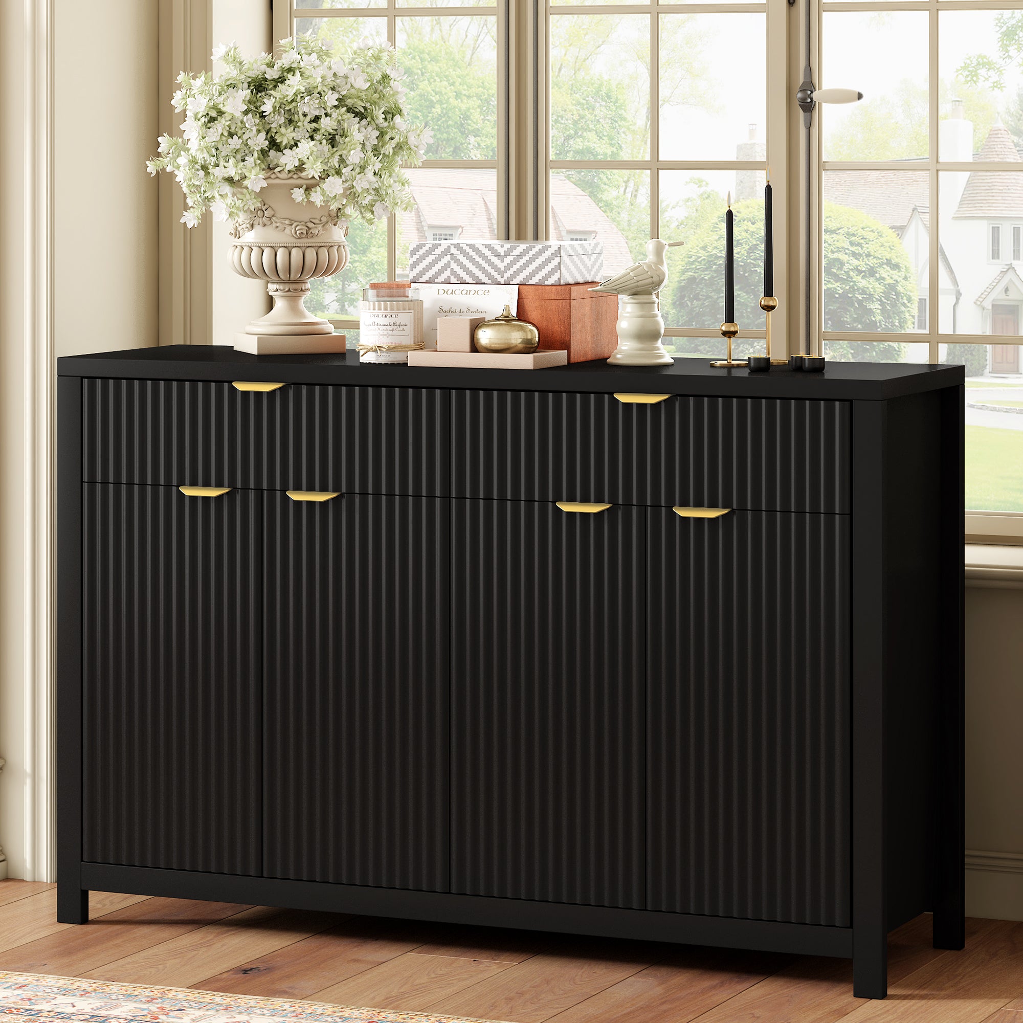 Modern Wave-Pattern Sideboard Cabinet with 2 Drawers and 4 Doors, 3-Level Adjustable Shelves, Aluminum Arc Handles, Scandinavian Style, 3 Colors, Suitable for Entryway, Living Room, Foyer