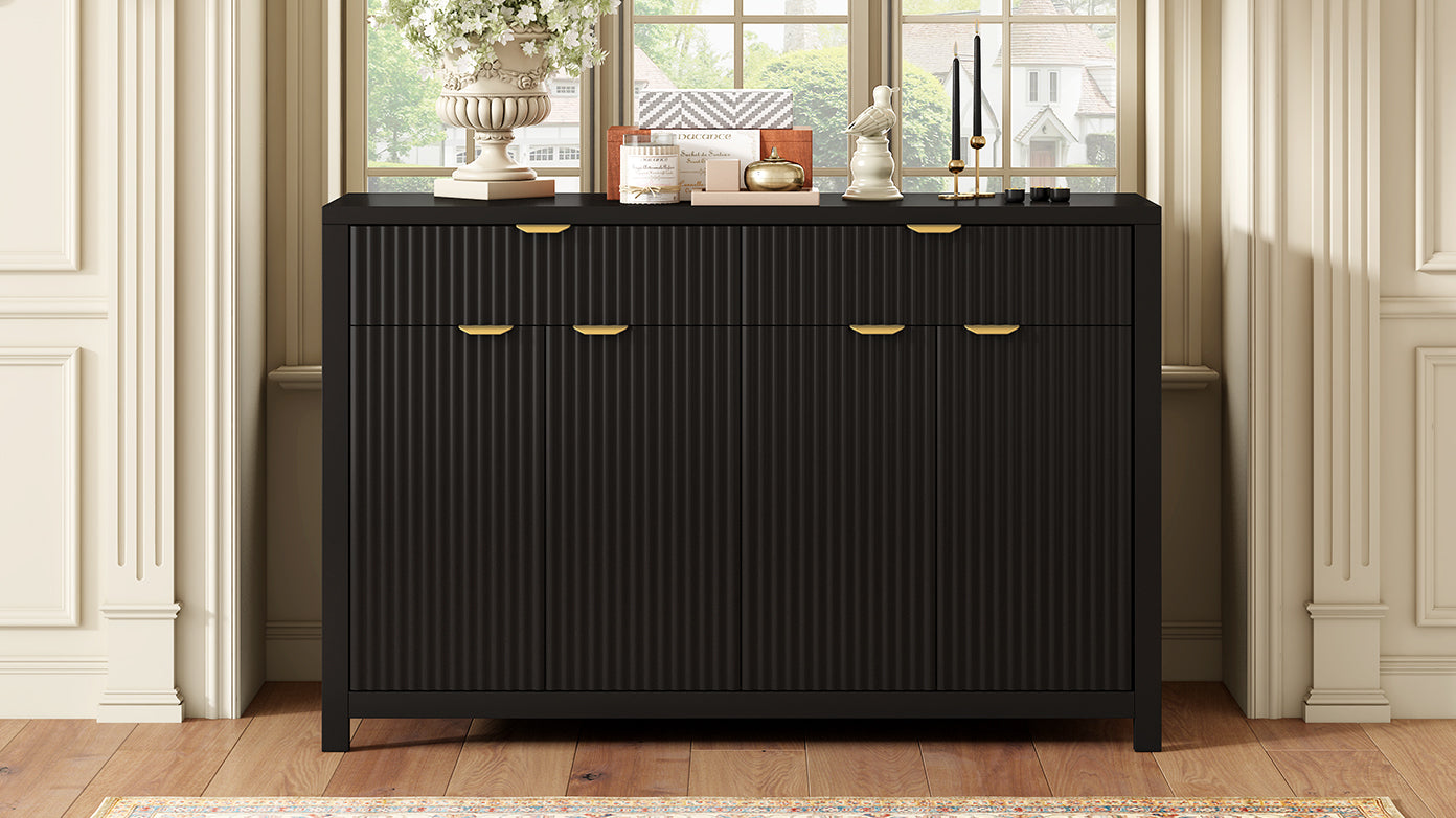 Modern Wave-Pattern Sideboard Cabinet with 2 Drawers and 4 Doors, 3-Level Adjustable Shelves, Aluminum Arc Handles, Scandinavian Style, 3 Colors, Suitable for Entryway, Living Room, Foyer