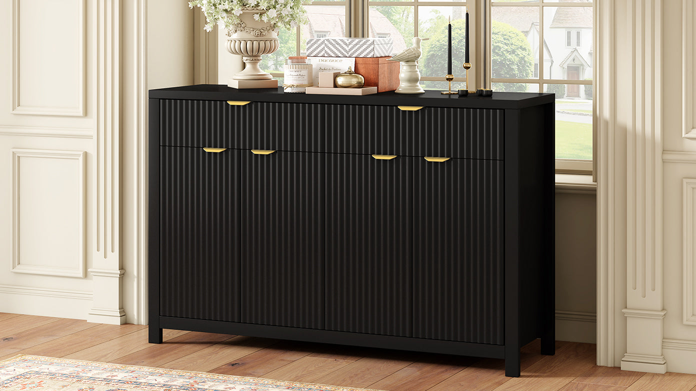Modern Wave-Pattern Sideboard Cabinet with 2 Drawers and 4 Doors, 3-Level Adjustable Shelves, Aluminum Arc Handles, Scandinavian Style, 3 Colors, Suitable for Entryway, Living Room, Foyer