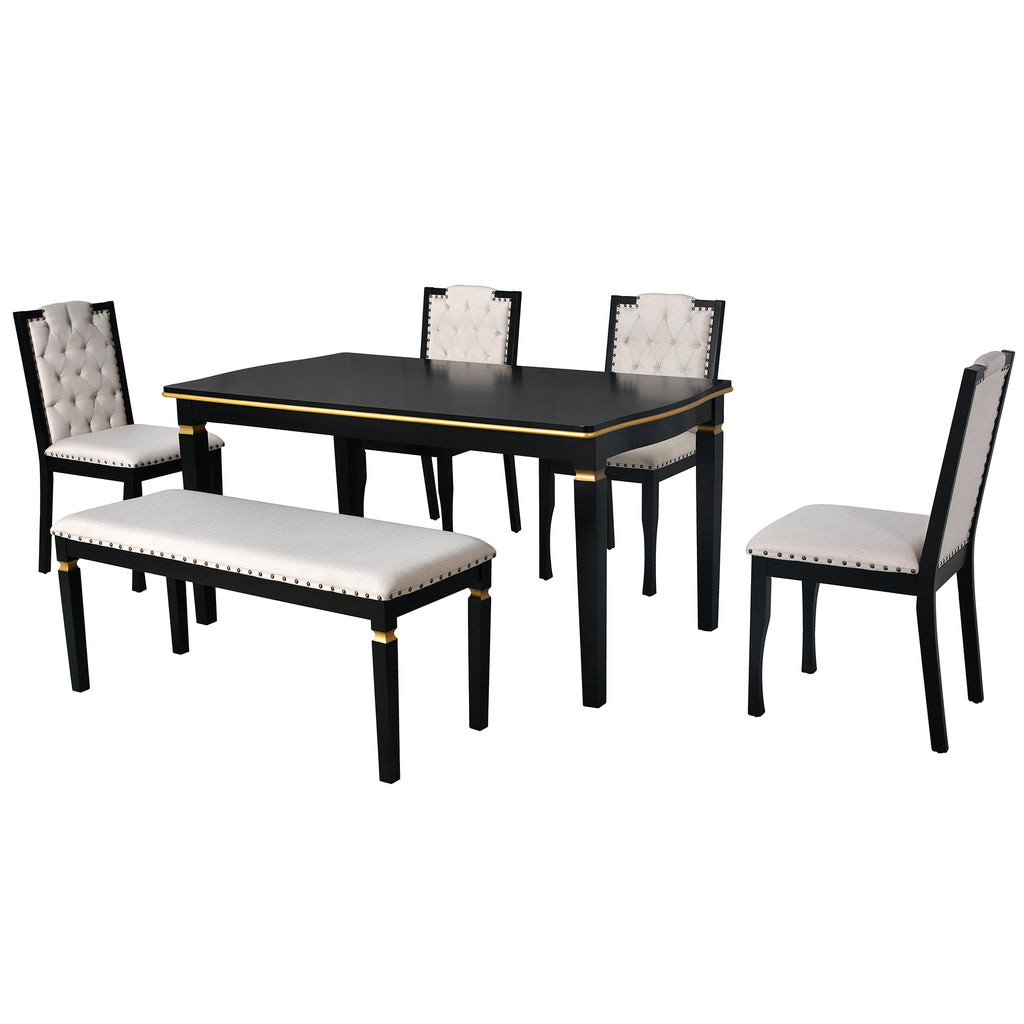 6-Piece Kitchen Dining Table Set, 60' Rectangular Table and 4 High-Back Tufted Chairs & 1 Bench for Dining Room and Kitchen (Black) (OLD SKU: N752S000080) Dining Table Set