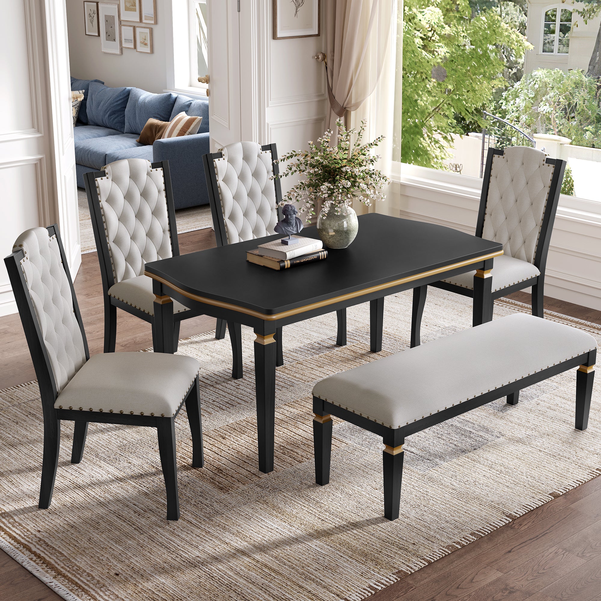 6-Piece Kitchen Dining Table Set, 60' Rectangular Table and 4 High-Back Tufted Chairs & 1 Bench for Dining Room and Kitchen (Black) (OLD SKU: N752S000080) Dining Table Set