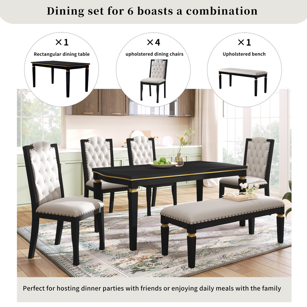 6-Piece Kitchen Dining Table Set, 60' Rectangular Table and 4 High-Back Tufted Chairs & 1 Bench for Dining Room and Kitchen (Black) (OLD SKU: N752S000080) Dining Table Set