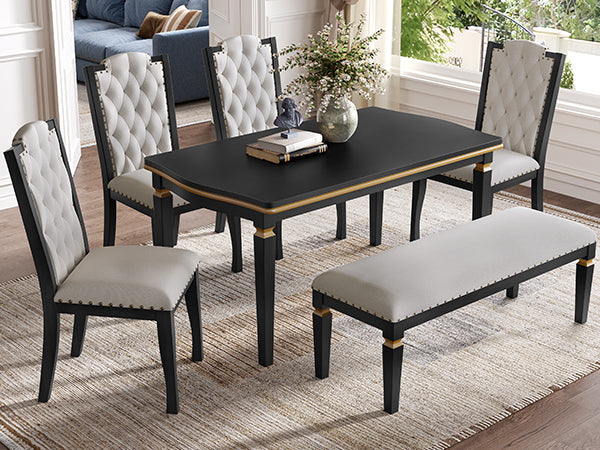 6-Piece Kitchen Dining Table Set, 60' Rectangular Table and 4 High-Back Tufted Chairs & 1 Bench for Dining Room and Kitchen (Black) (OLD SKU: N752S000080) Dining Table Set
