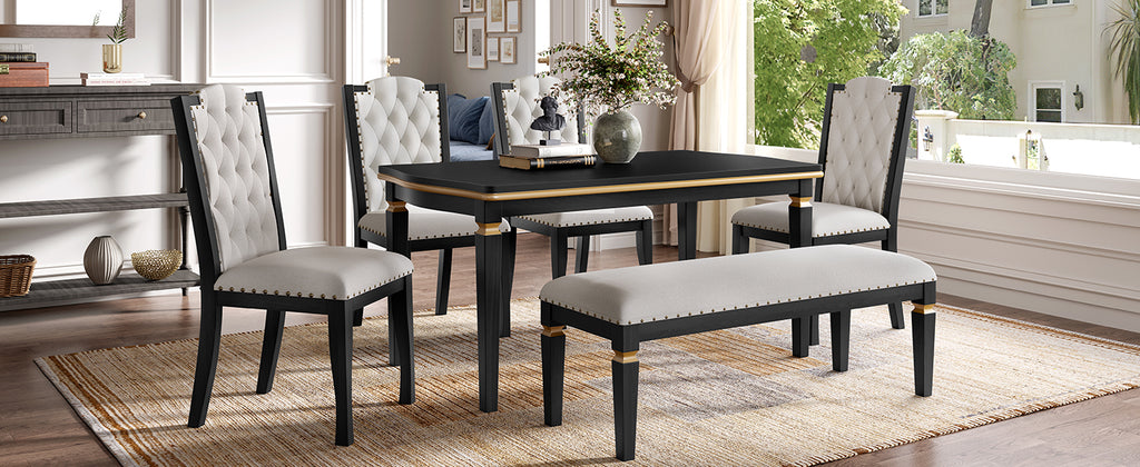 6-Piece Kitchen Dining Table Set, 60' Rectangular Table and 4 High-Back Tufted Chairs & 1 Bench for Dining Room and Kitchen (Black) (OLD SKU: N752S000080) Dining Table Set