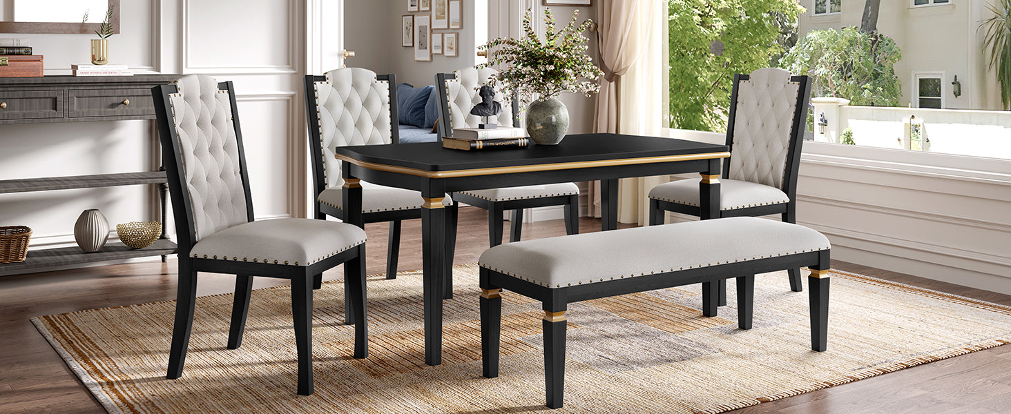 6-Piece Kitchen Dining Table Set, 60' Rectangular Table and 4 High-Back Tufted Chairs & 1 Bench for Dining Room and Kitchen (Black) (OLD SKU: N752S000080) Dining Table Set