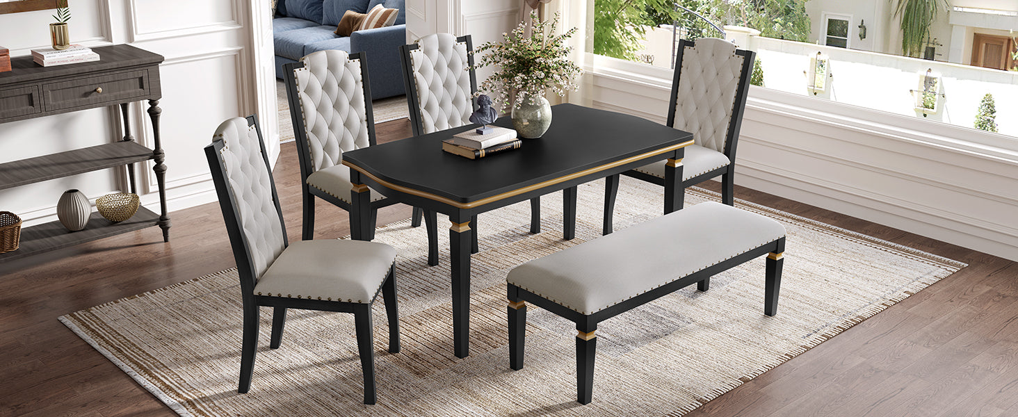 6-Piece Kitchen Dining Table Set, 60' Rectangular Table and 4 High-Back Tufted Chairs & 1 Bench for Dining Room and Kitchen (Black) (OLD SKU: N752S000080) Dining Table Set