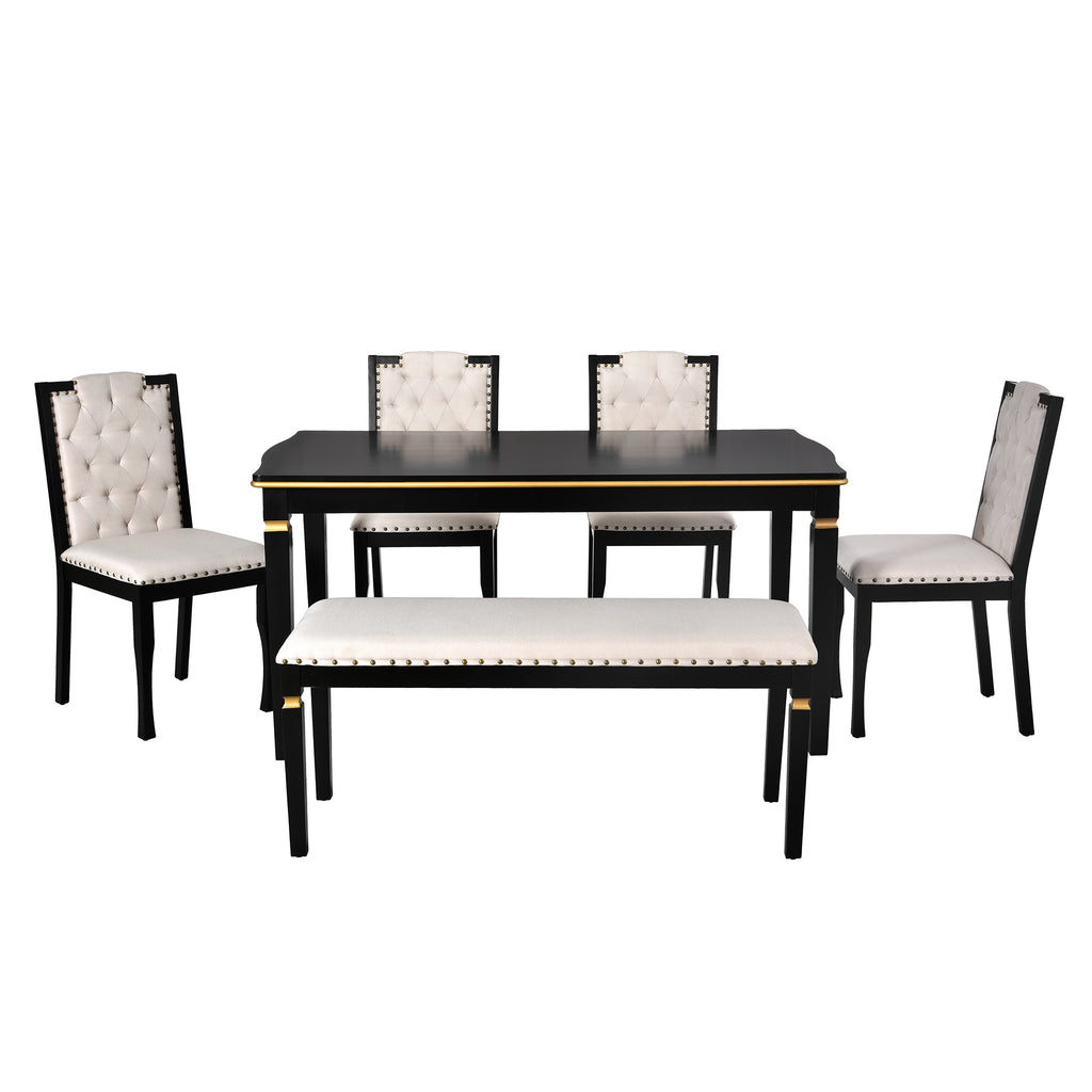 6-Piece Kitchen Dining Table Set, 60' Rectangular Table and 4 High-Back Tufted Chairs & 1 Bench for Dining Room and Kitchen (Black) (OLD SKU: N752S000080) Dining Table Set