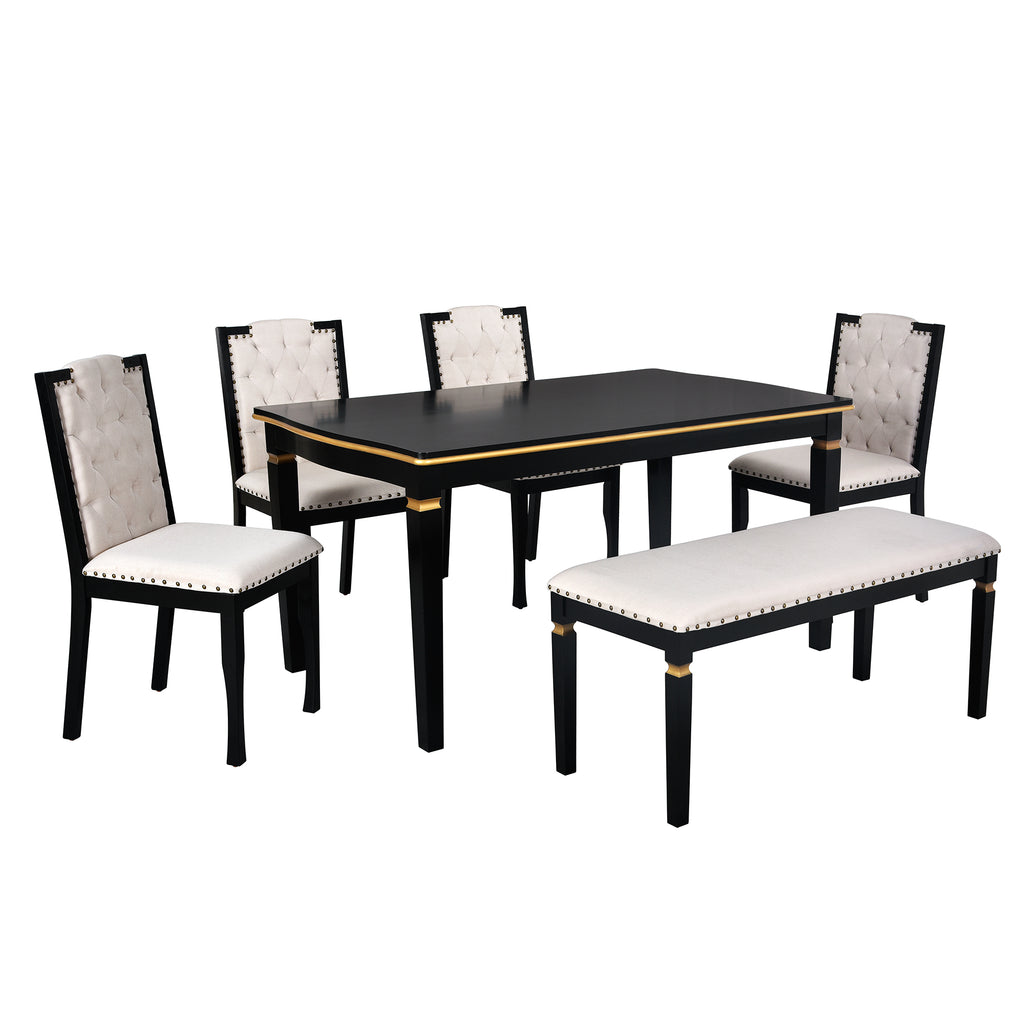 6-Piece Kitchen Dining Table Set, 60' Rectangular Table and 4 High-Back Tufted Chairs & 1 Bench for Dining Room and Kitchen (Black) (OLD SKU: N752S000080) Dining Table Set