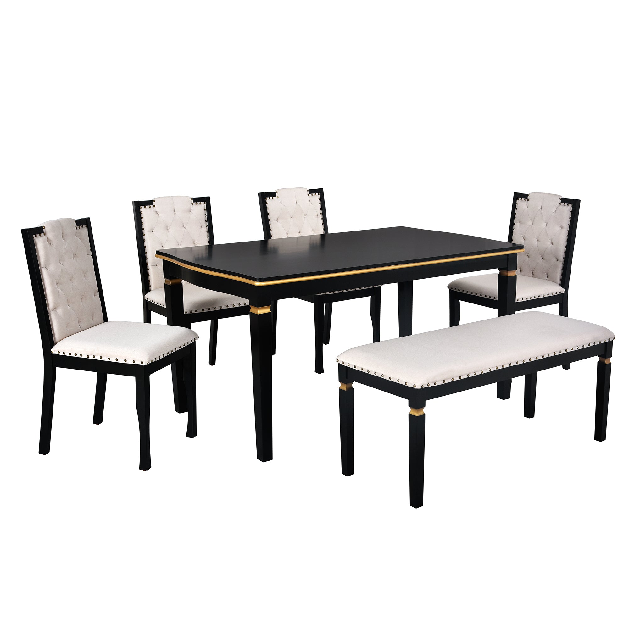 6-Piece Kitchen Dining Table Set, 60' Rectangular Table and 4 High-Back Tufted Chairs & 1 Bench for Dining Room and Kitchen (Black) (OLD SKU: N752S000080) Dining Table Set